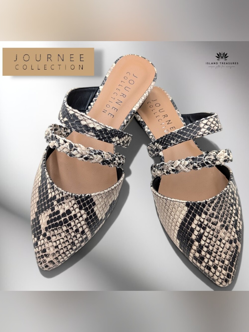 NWT Journee Collection Sz 5.5 Snakeskin Mule Flats Pointed Toe Double Braided